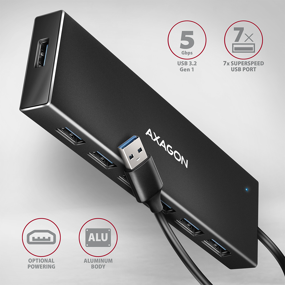 AXAGON HUE-F7A – sedmiportový USB 3.2 Gen 1 hub s hliníkovým tělem