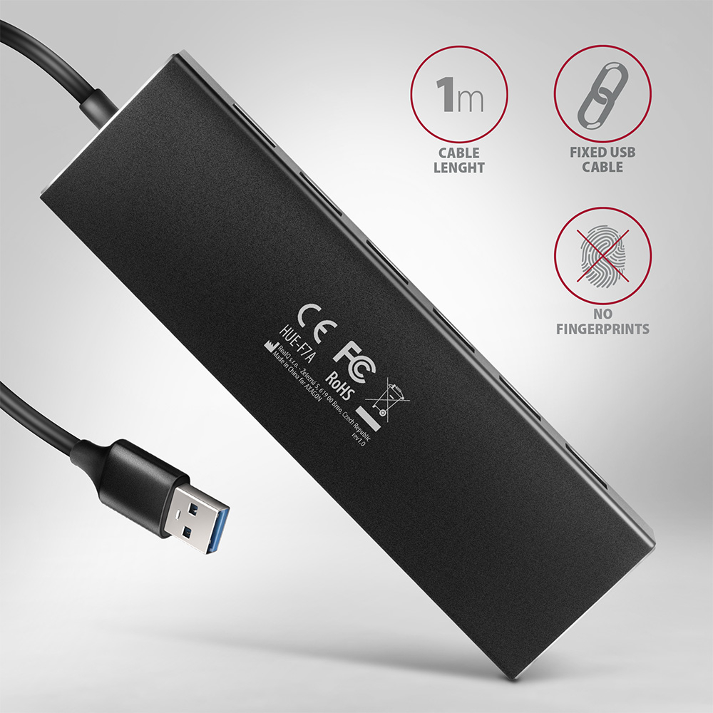 Obsah balení AXAGON HUE-F7A s napevno připojeným USB-A kabelem