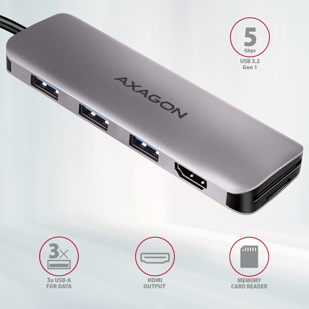 AXAGON HMC-HCR3A – USB-C hub s USB-A porty, HDMI a čtečkou karet
