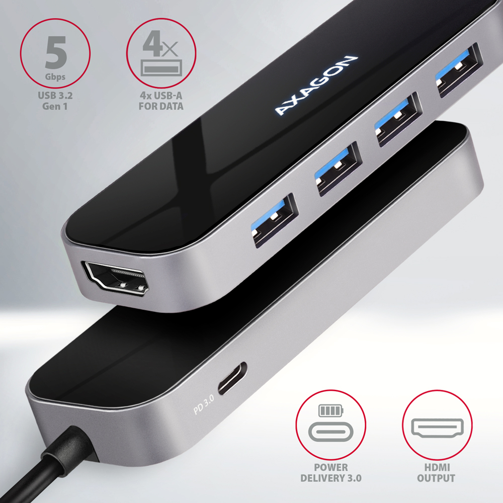 AXAGON HMC-6H4A – USB-C hub s USB-A porty, HDMI výstupem a nabíjecím portem PD 3.0