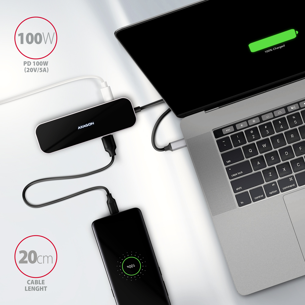 Nabíjení notebooku a telefonu přes port Power Delivery 100 W hubu AXAGON HMC-6H4A