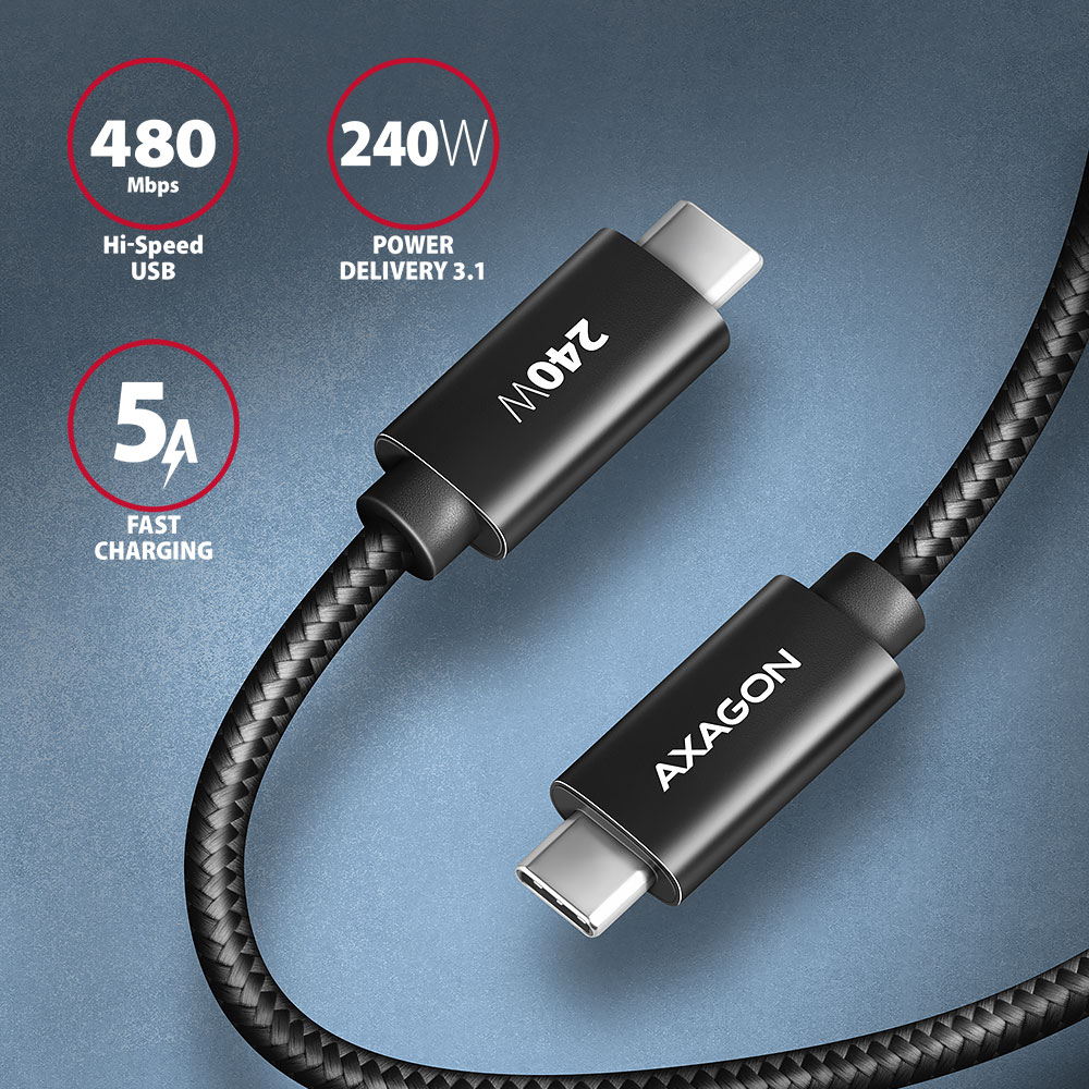 AXAGON BUCM2-CM25AB – konektory USB-C na obou koncích, 240W Power Delivery a 5A rychlé nabíjení
