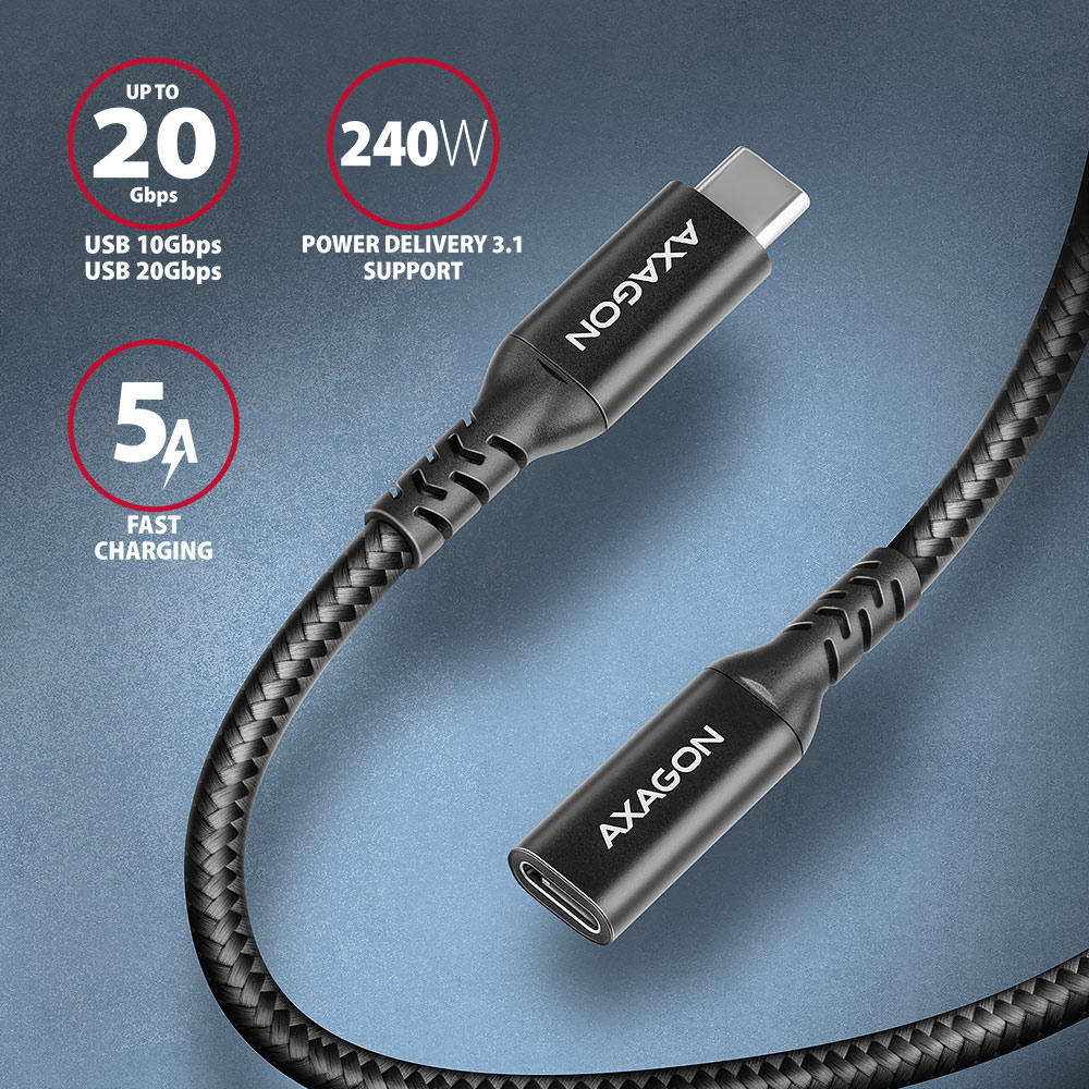 AXAGON BUCM32-CF05AB – konektor USB-C samec a USB-C samice, 20Gbps a 240W Power Delivery
