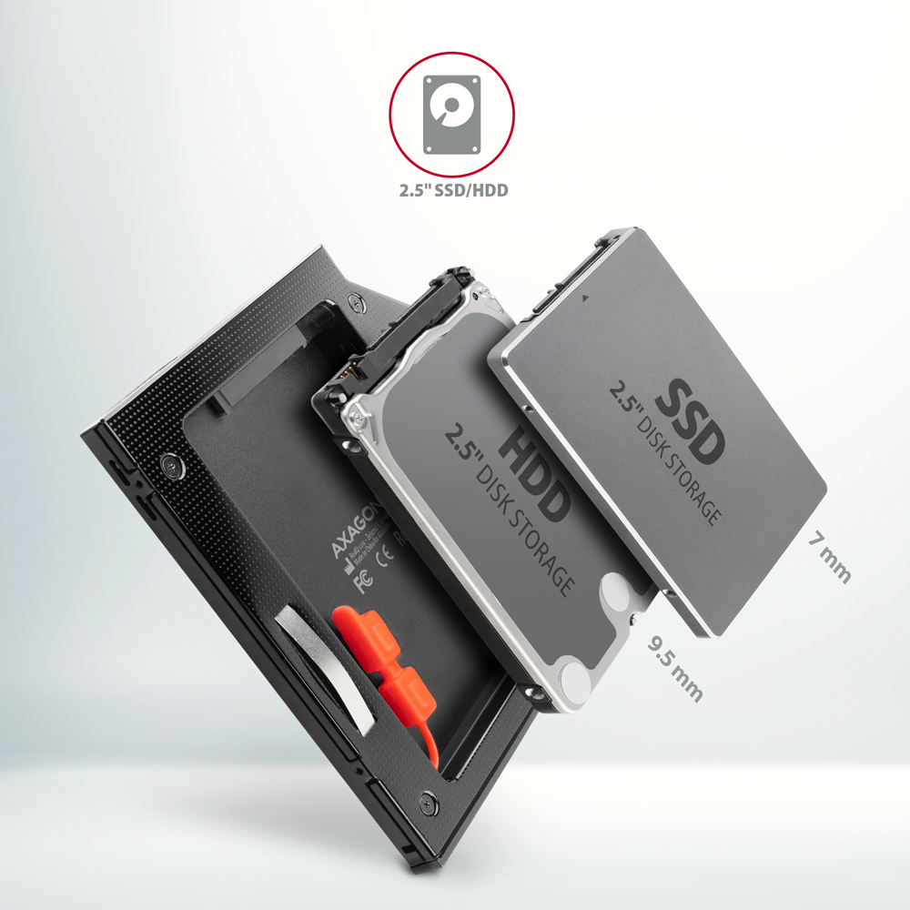 Zasunutí 2,5palcového SSD a HDD disku do caddy AXAGON RSS-CD09