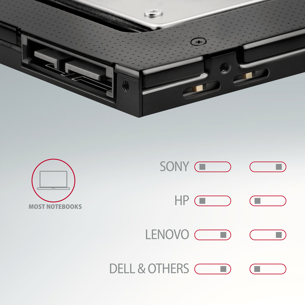 SATA konektor caddy AXAGON RSS-CD09 a přehled kompatibility s notebooky