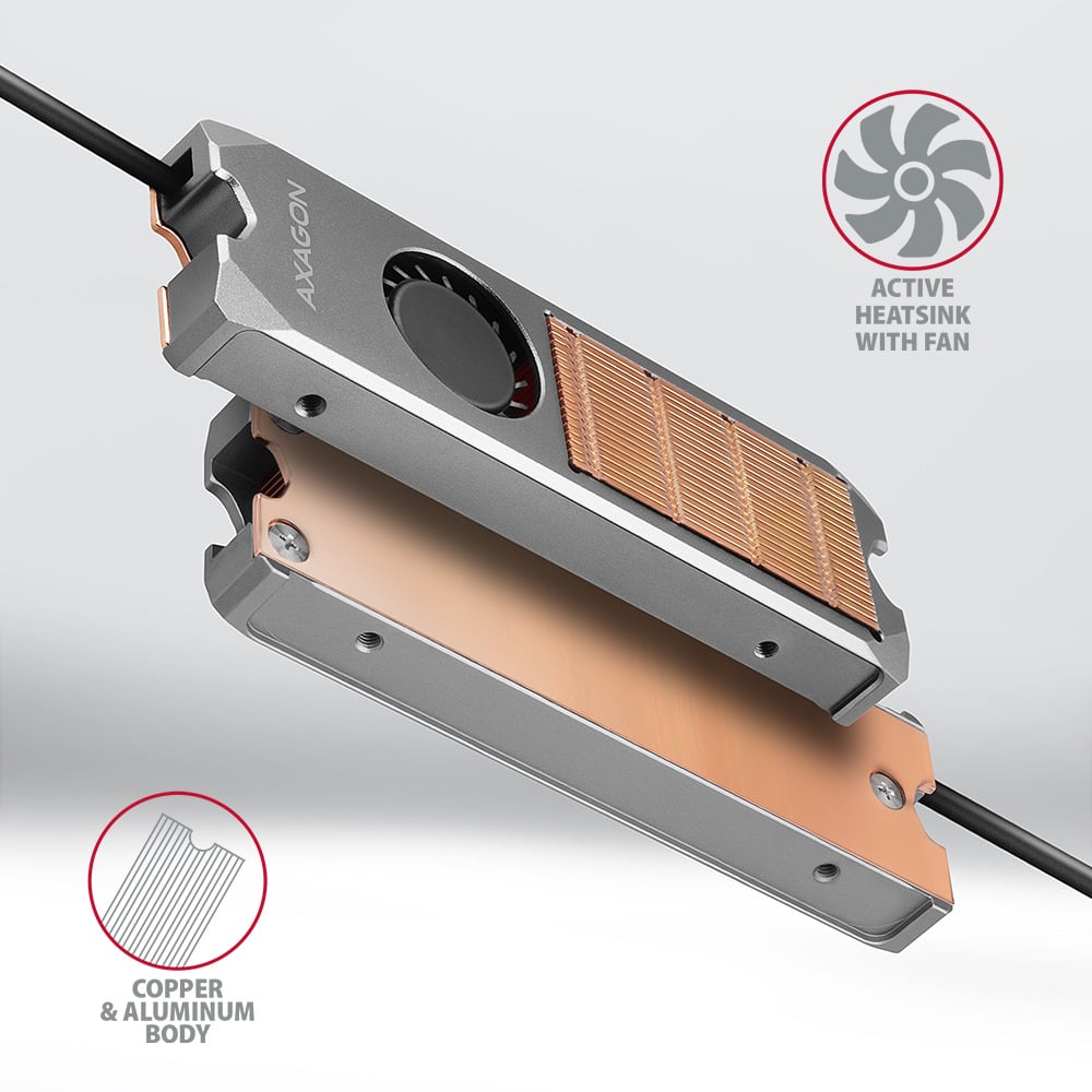 Detail měděného jádra a hliníkového krytu chladiče AXAGON CLR-M2FAN s ventilátorem