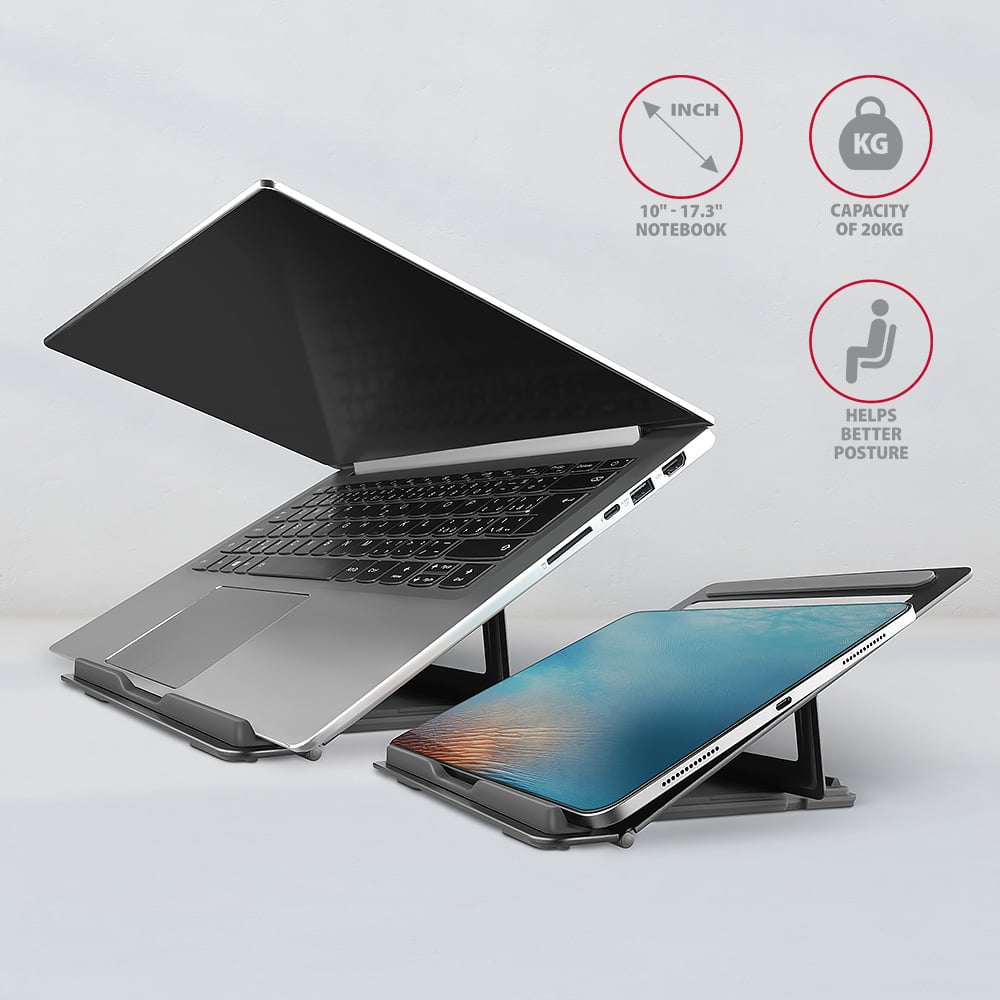 Notebook a tablet na stojanu AXAGON STND-L – nosnost 20 kg a podpora správného držení těla