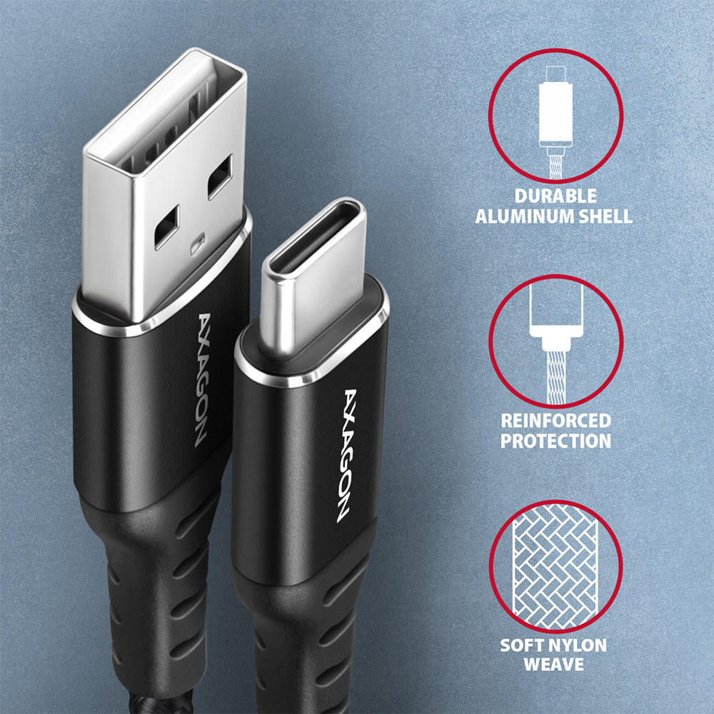 Detail konektorů USB-C a USB-A kabelu AXAGON BUCM-AM20AB v hliníkovém provedení