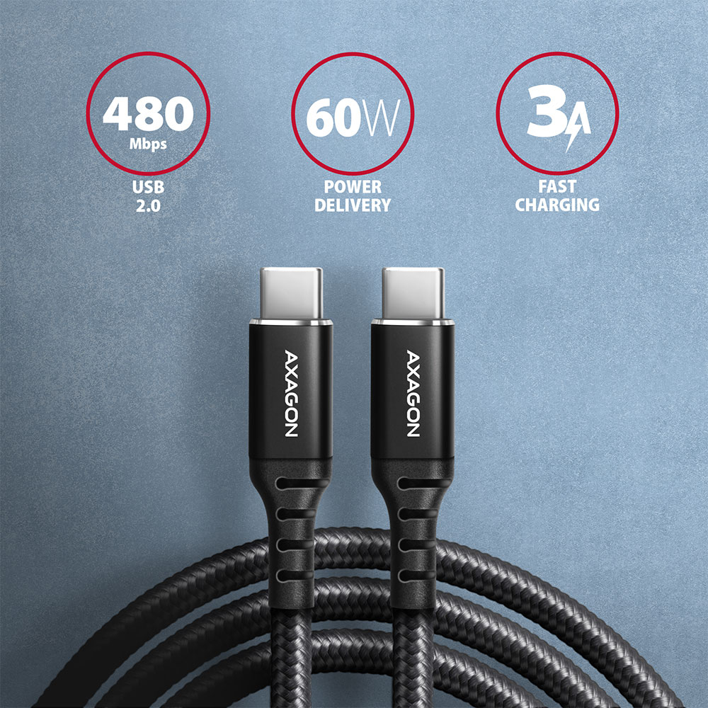 AXAGON BUCM-CM15AB – nabíjecí a datový kabel USB-C na USB-C, délka 1,5 m