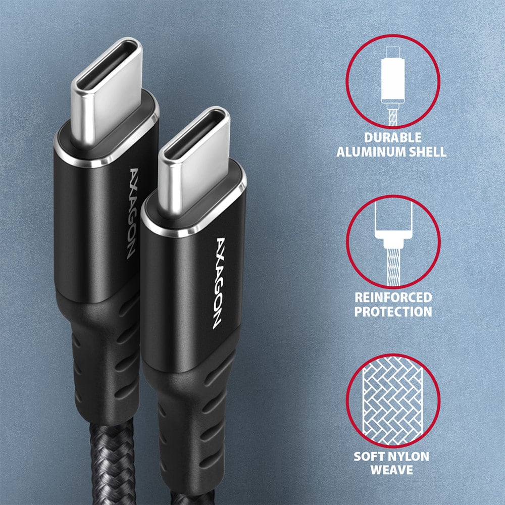 Detail konektorů USB-C s hliníkovým krytem a nylonovým opletem