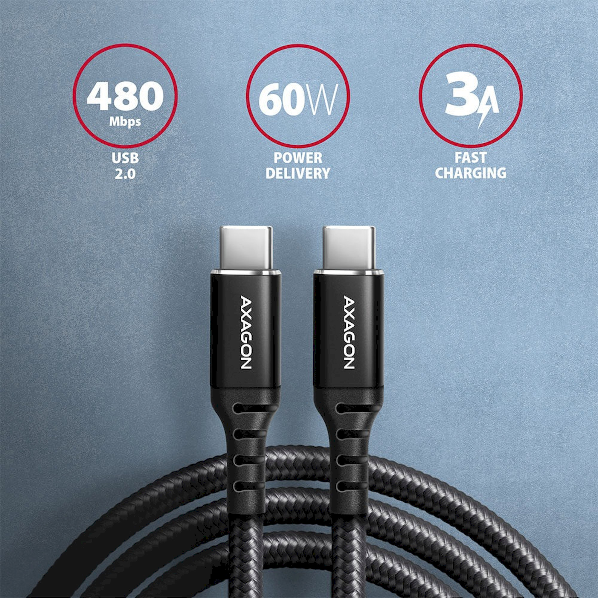 AXAGON BUCM-CM20AB USB-C/USB-C napájecí kabel 60W 2m černý