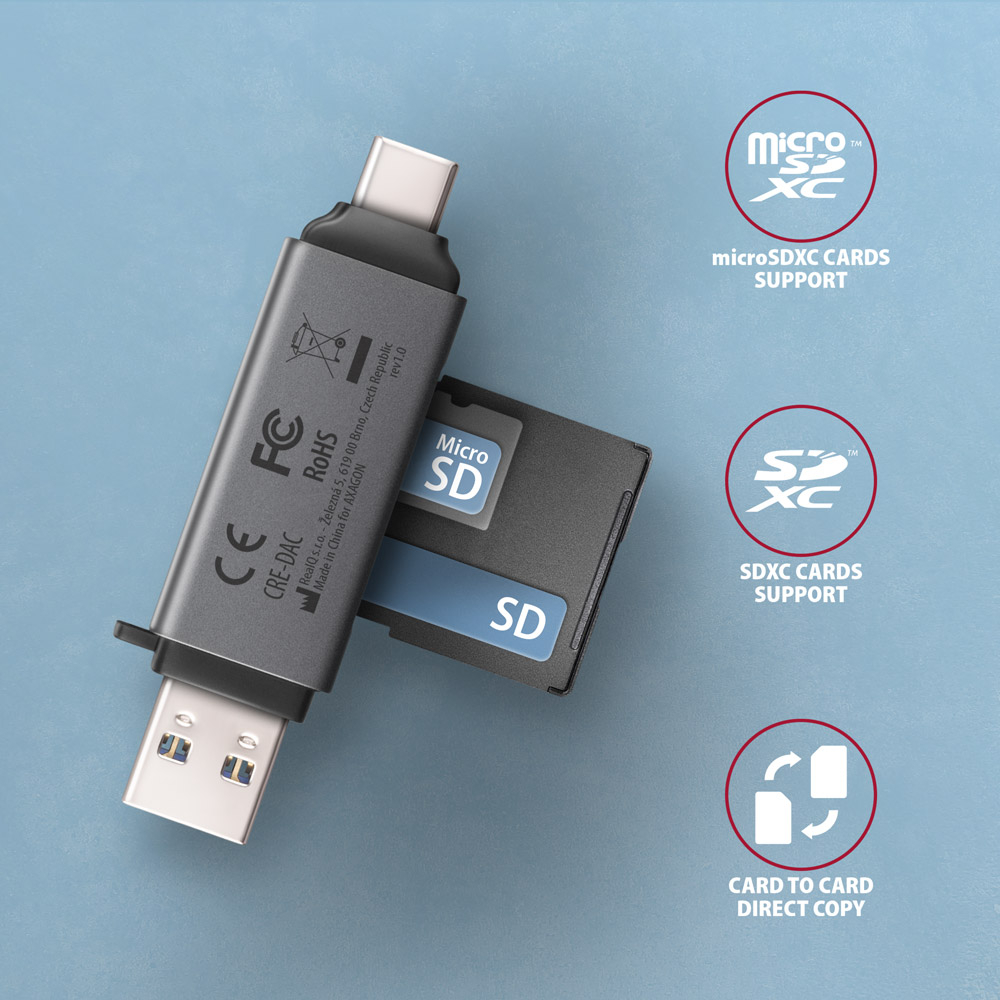 AXAGON CRE-DAC – sloty pro SD a microSD kartu s podporou přímého kopírování mezi kartami