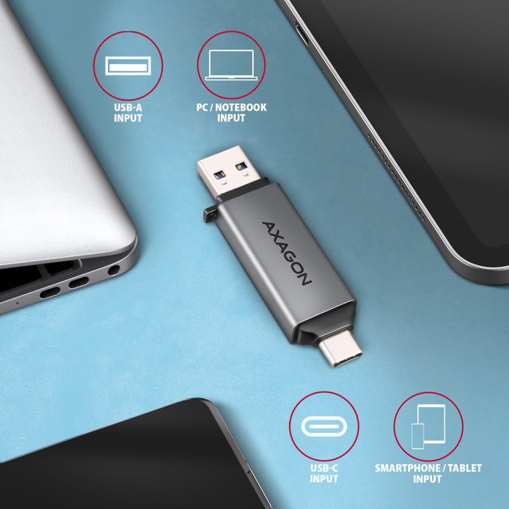 AXAGON CRE-DAC – konektor USB-A na jedné straně a USB-C na druhé straně čtečky