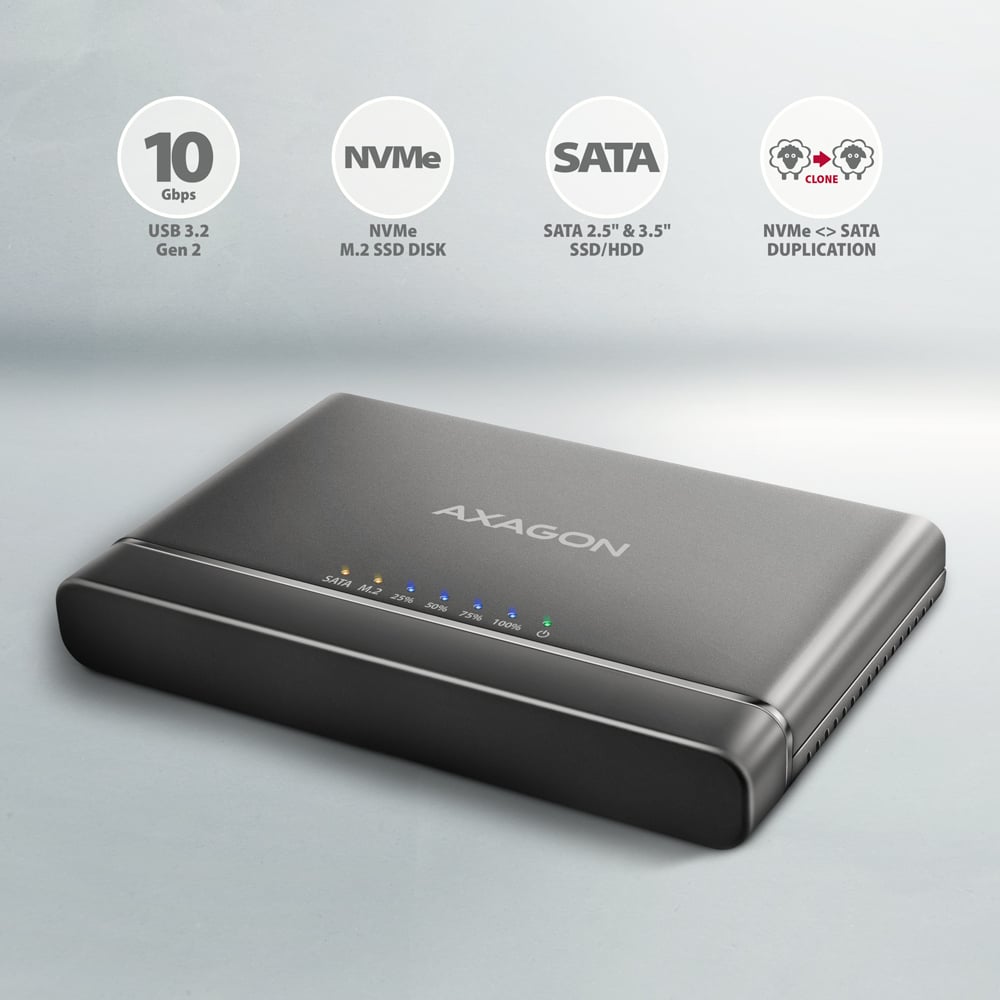AXAGON ADSA-CC – kompaktní hliníkové tělo adaptéru s ikonami 10Gbps, NVMe, SATA a klonování
