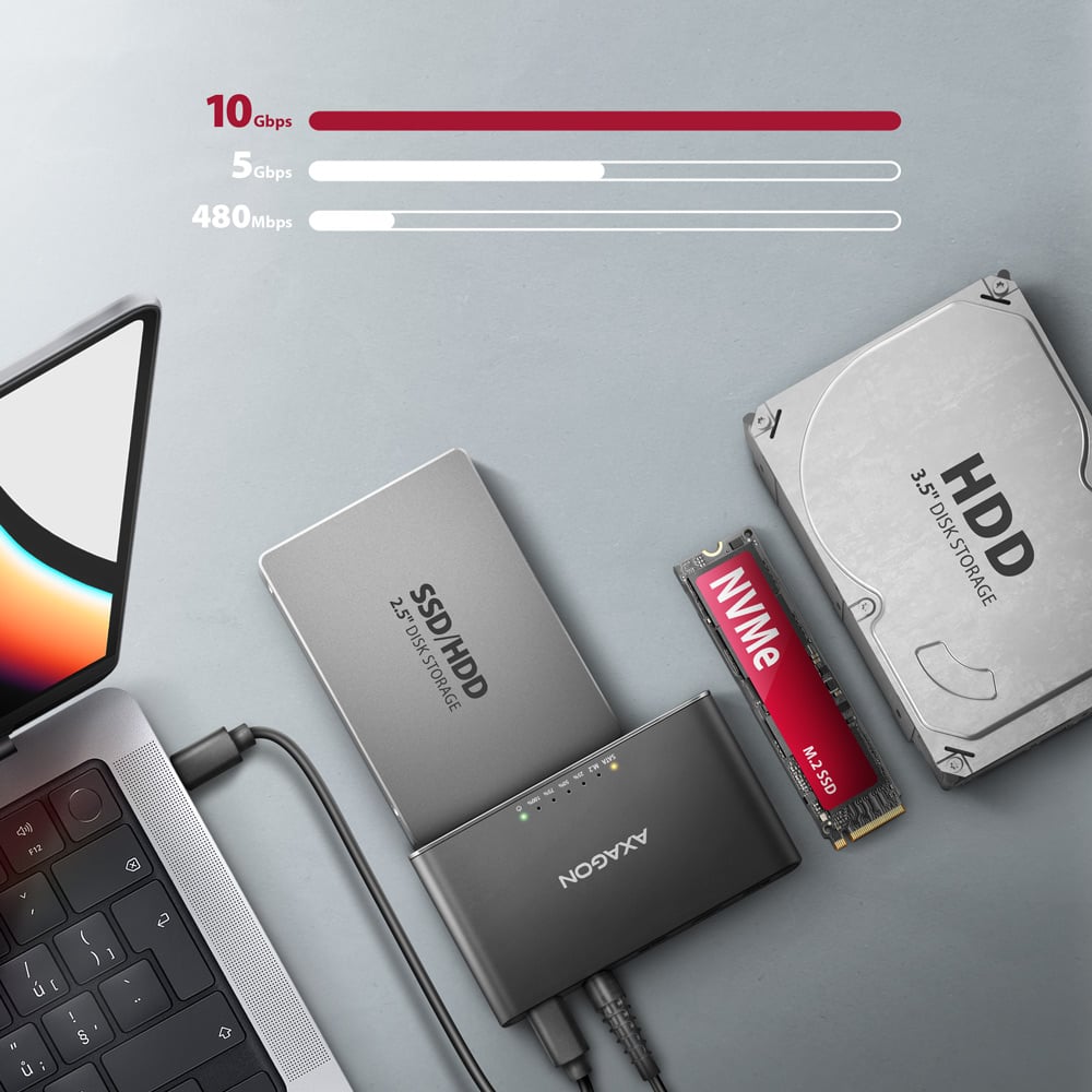 Porovnání rychlostí USB a připojení SSD, HDD i NVMe disku k notebooku přes AXAGON ADSA-CC