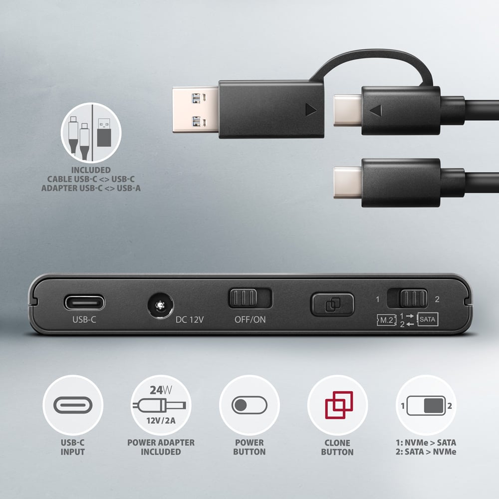 Zadní panel AXAGON ADSA-CC s konektorem USB-C, DC 12V, tlačítkem Clone a přiloženým kabelem