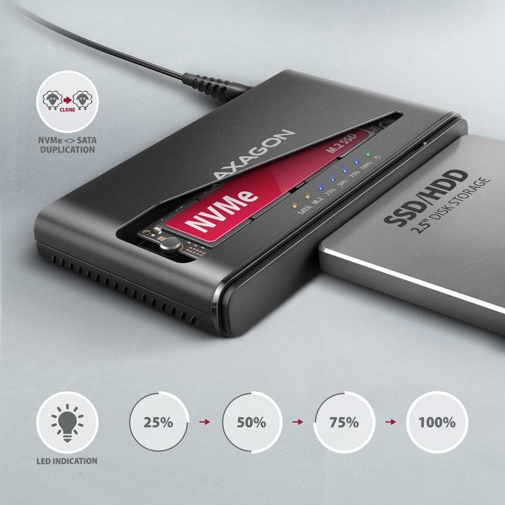 AXAGON ADSA-CC při klonování dat mezi NVMe SSD a SATA diskem se stavovými LED diodami