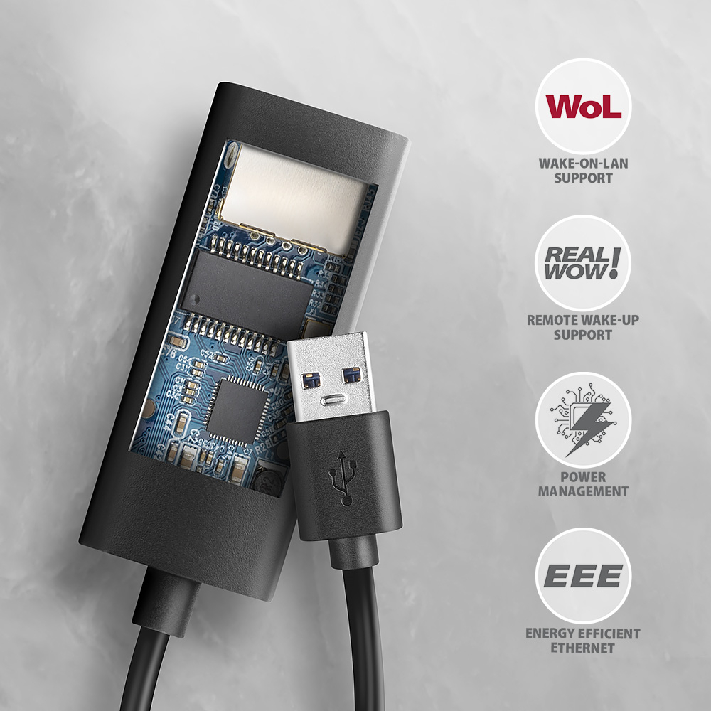 Vnitřní elektronika AXAGON ADE-AR s čipsetem Realtek RTL8153 a podporou Wake-on-LAN