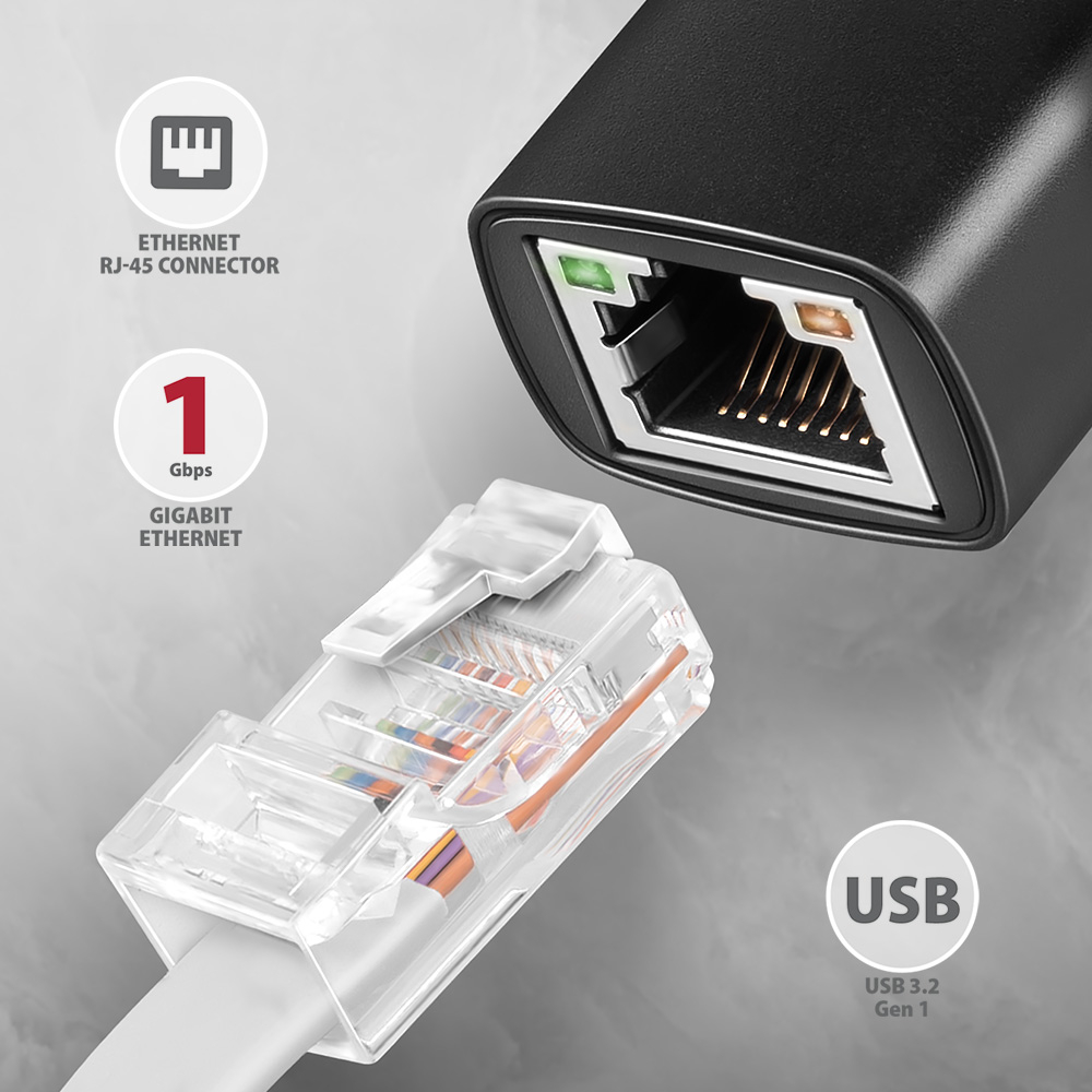AXAGON ADE-ARC – detail konektoru RJ-45 a síťového kabelu s indikačními LED diodami