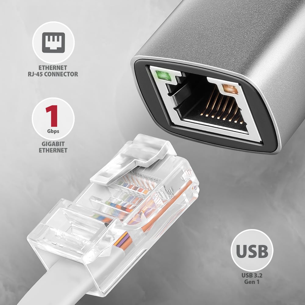 AXAGON ADE-TXCA – detail konektoru RJ-45 s indikačními LED diodami
