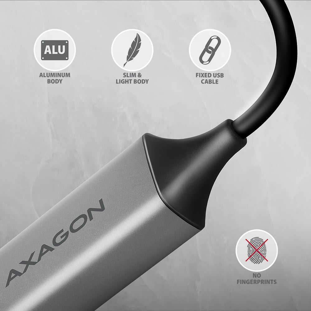 Detail hliníkového těla AXAGON ADE-TXCA s pevně přichyceným kabelem