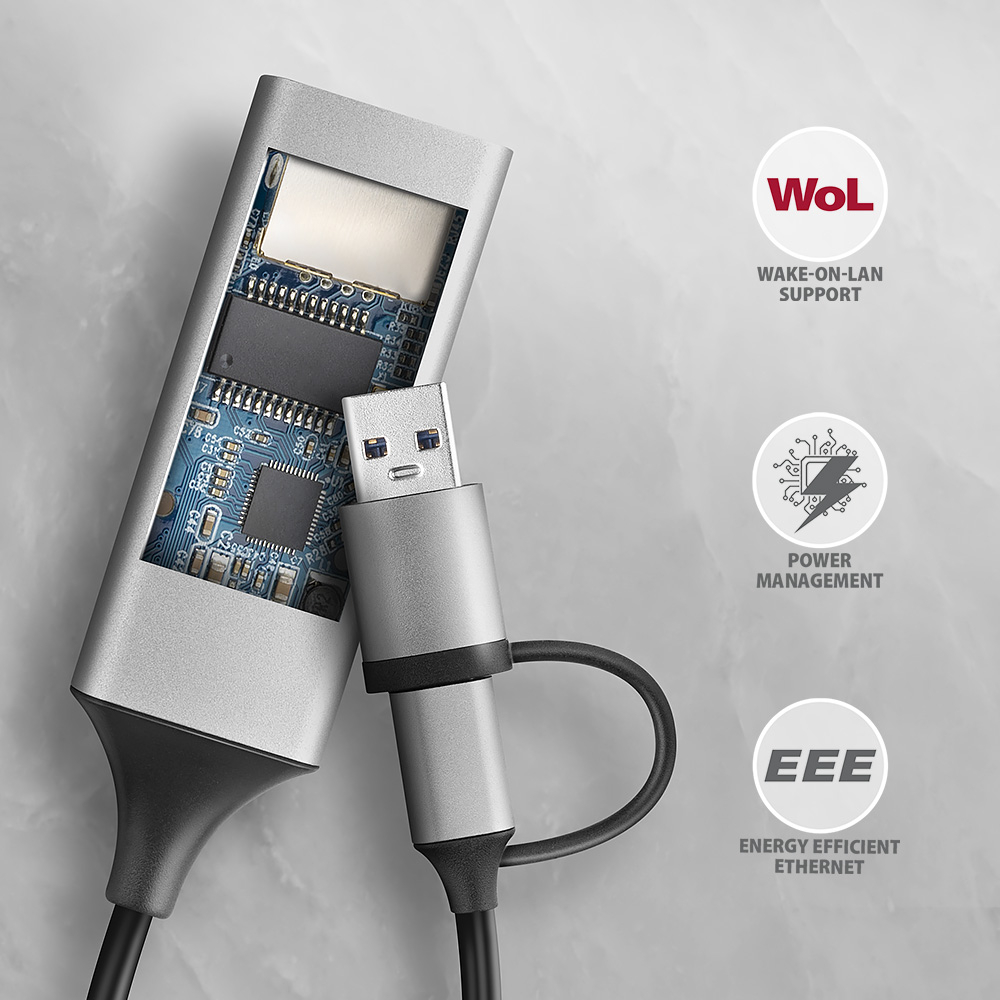 Vnitřní elektronika AXAGON ADE-TXCA s čipsetem ASIX AX88179A a podporou Wake-on-LAN