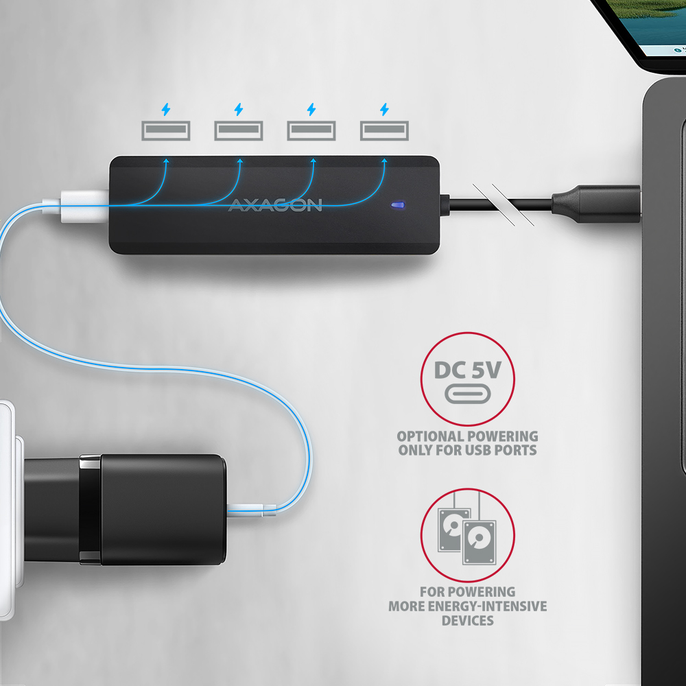 AXAGON HUE-C1C s připojeným doplňkovým napájením přes USB-C