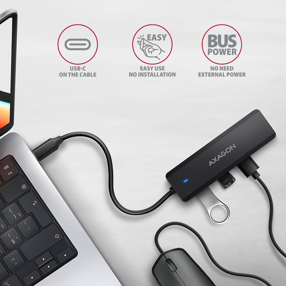 AXAGON HUE-C1C připojený k notebooku přes USB-C s myší