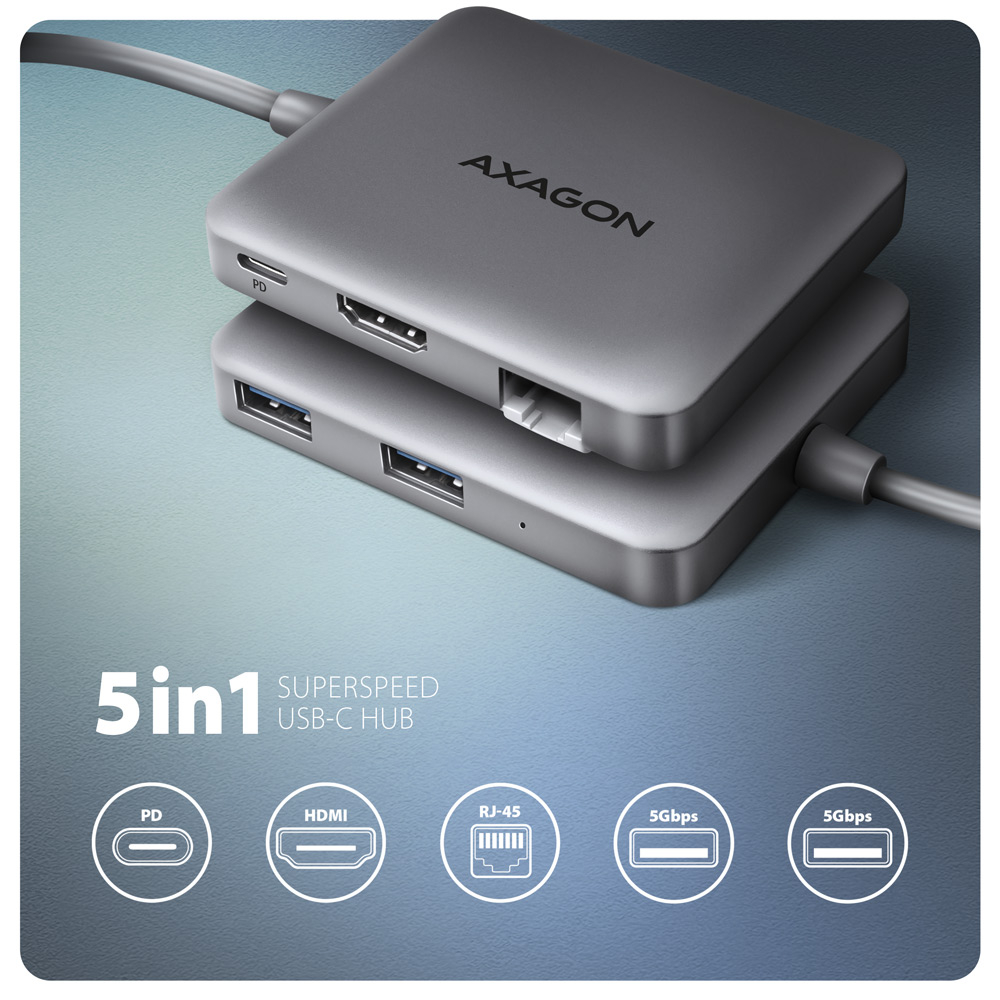 AXAGON HMC-5HL – 5v1 USB-C hub s PD, HDMI, RJ-45 a dvěma porty USB-A