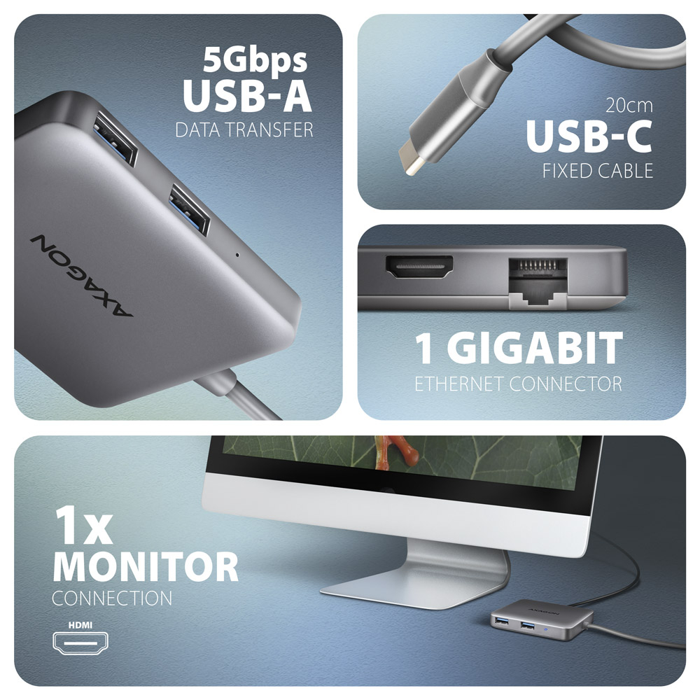 Detail portů USB-A, HDMI, RJ-45 a USB-C kabelu hubu AXAGON HMC-5HL