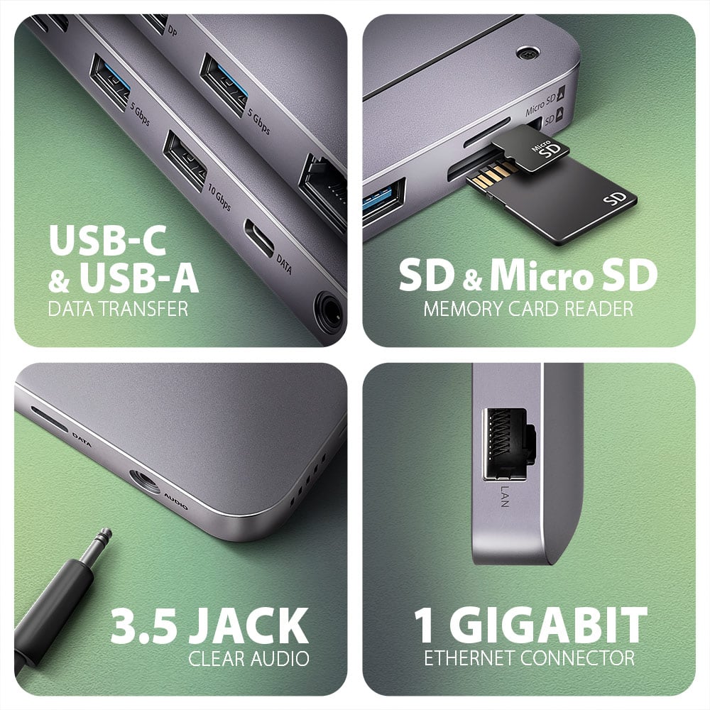 USB-C, USB-A, SD, Micro SD, audio jack a gigabitový LAN