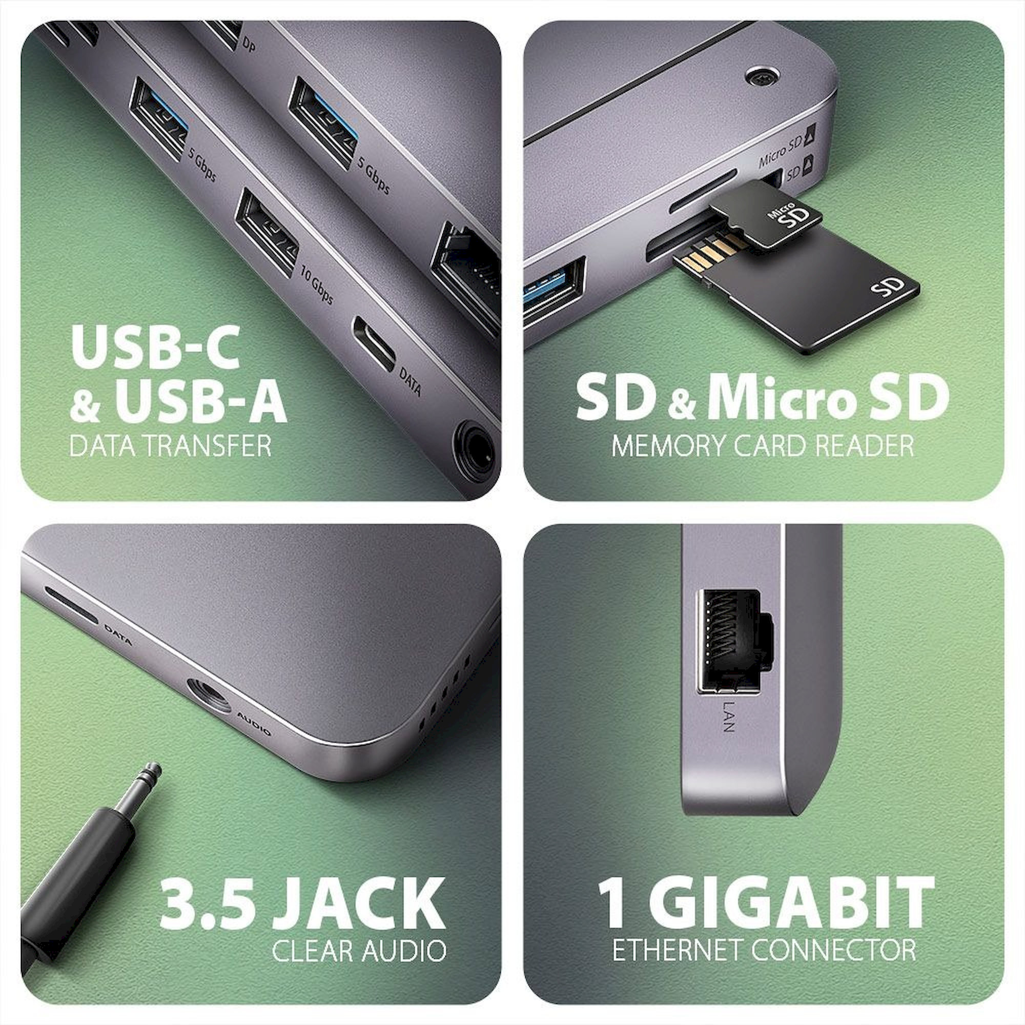 USB-C, USB-A, SD, Micro SD, audio jack a gigabitový LAN