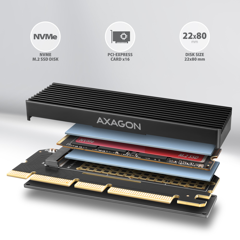 AXAGON PCEM2-XS – rozložený pohled na adaptér, chladič a M.2 SSD disk