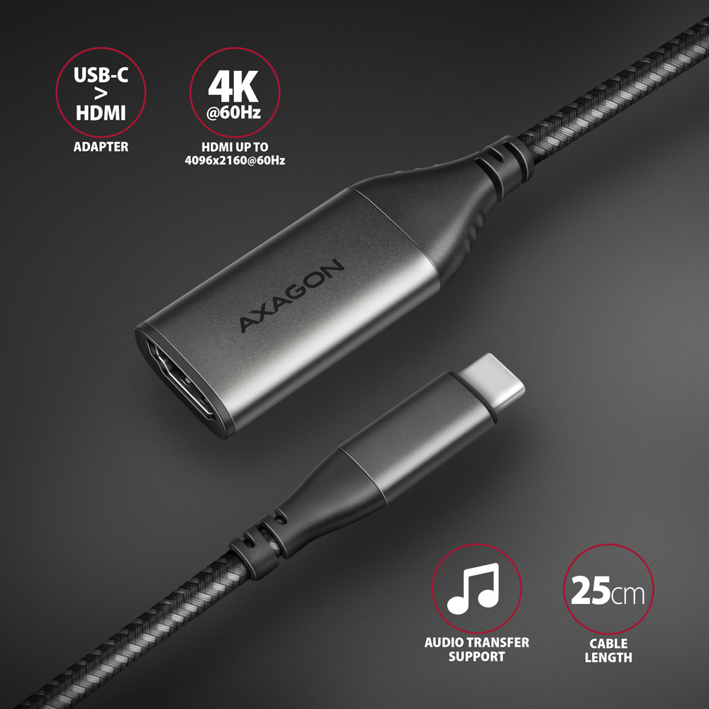 AXAGON RVC-HI2M – redukce USB-C na HDMI s 25cm opleteným kabelem