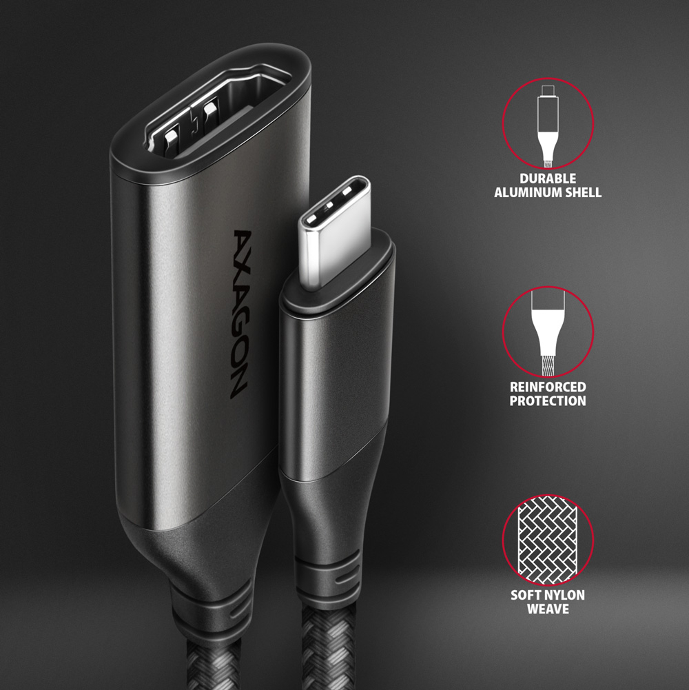 AXAGON RVC-HI2M – detail hliníkových konektorů a nylonového opletu