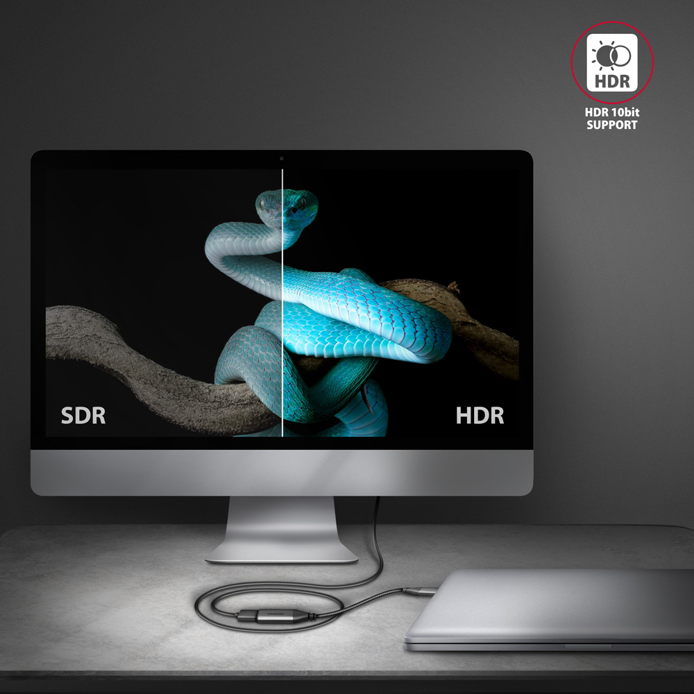 Porovnání obrazu SDR a HDR na monitoru připojeném přes AXAGON RVC-HI2M