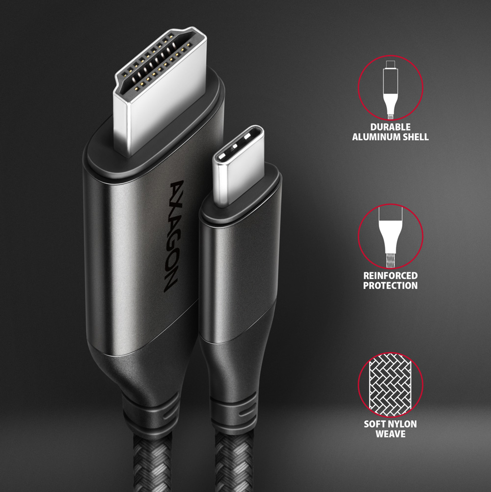 AXAGON RVC-HI2MC – detail pokovených konektorů a nylonového opletu kabelu