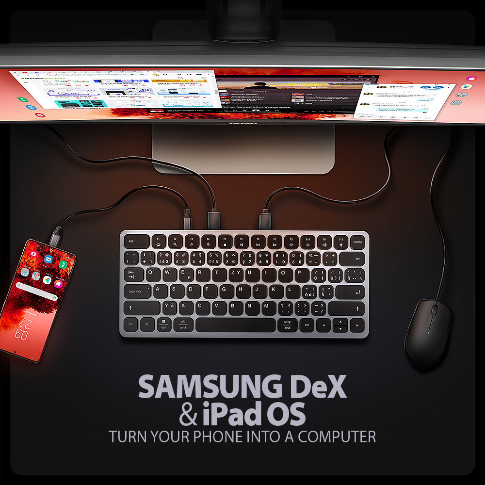 Klávesnicový hub AXAGON HMC-KB-CS připojený k monitoru, telefonu a myši