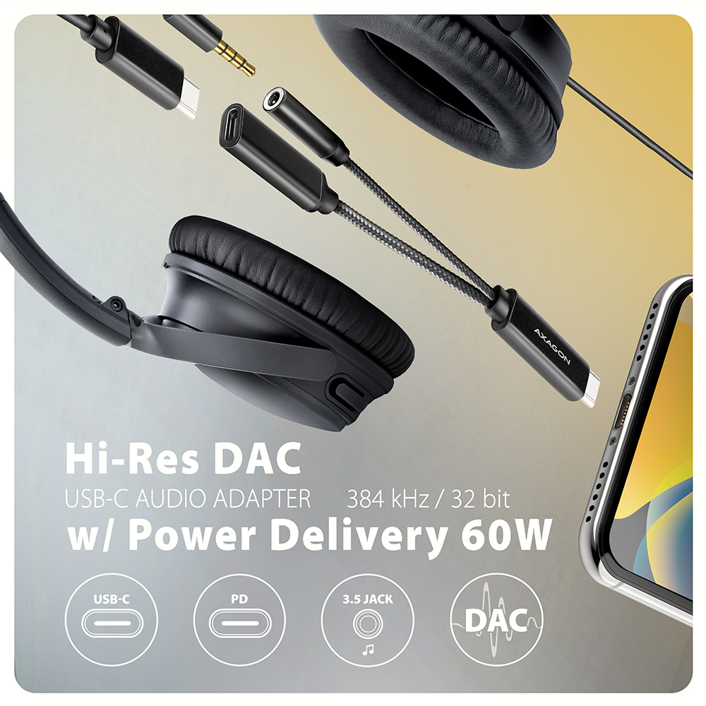 AXAGON ADA-HCPD – USB-C audio adaptér s Hi-Res DAC a 60W Power Delivery