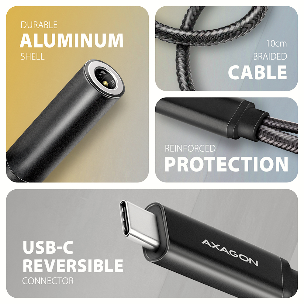 Detail hliníkového těla, opleteného kabelu a reverzibilního USB-C konektoru adaptéru ADA-HCPD