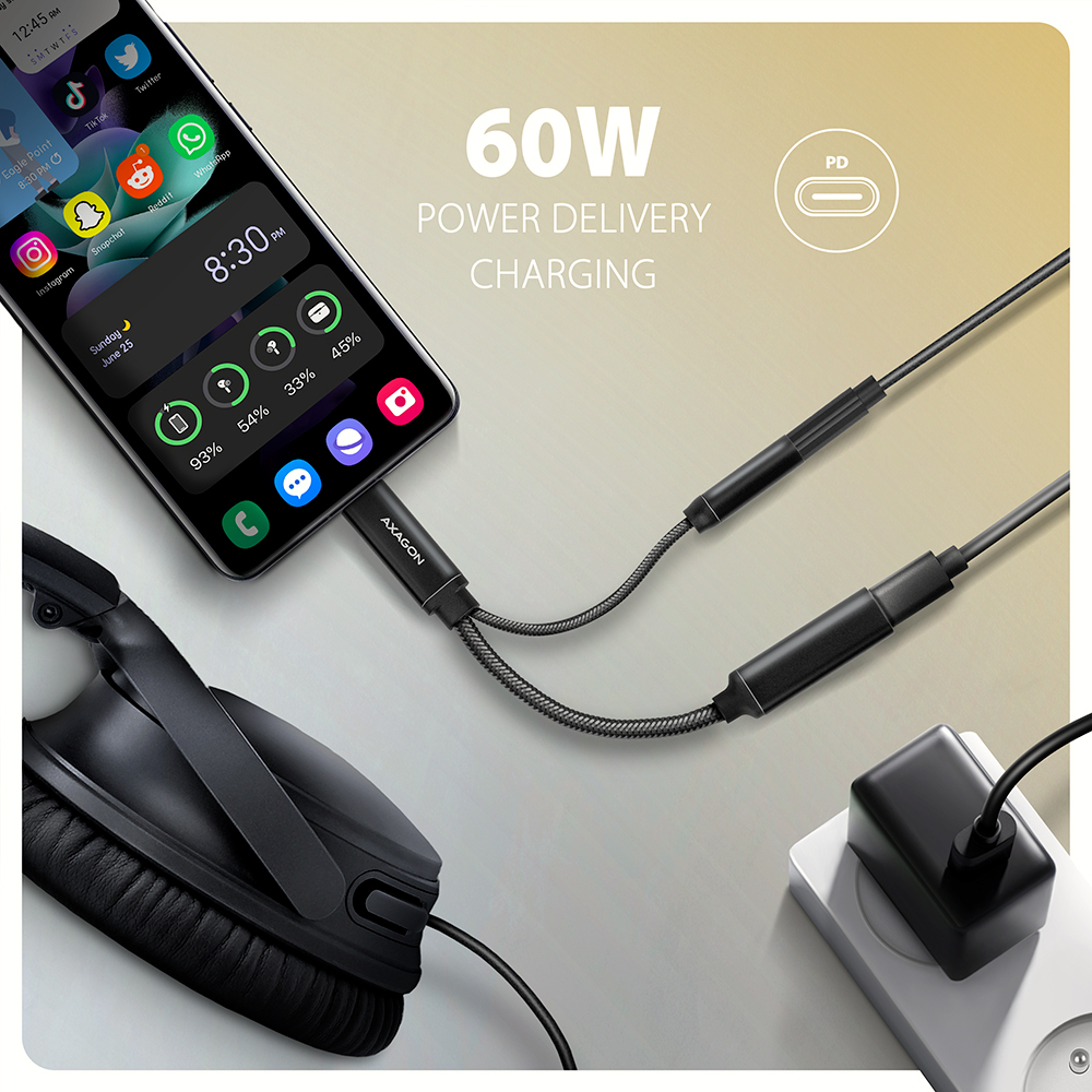 60W Power Delivery nabíjení telefonu se sluchátky přes adaptér ADA-HCPD