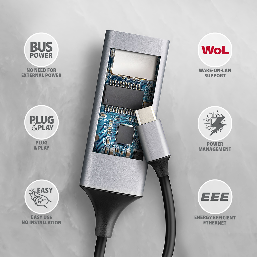 Vnitřní čipset ASIX adaptéru AXAGON ADE-TXPD s funkcemi Wake-on-LAN a Plug and Play