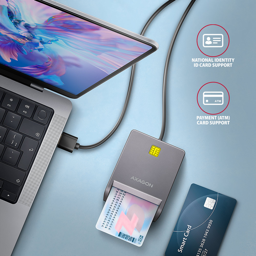 AXAGON CRE-SM3T připojená k notebooku, čtení elektronické občanky a platební karty