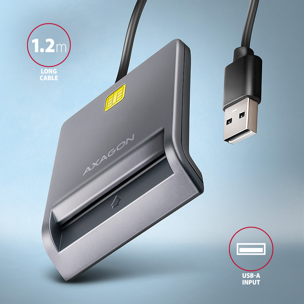 AXAGON CRE-SM3T – kompaktní tělo čtečky s USB-A konektorem a 1,2m kabelem
