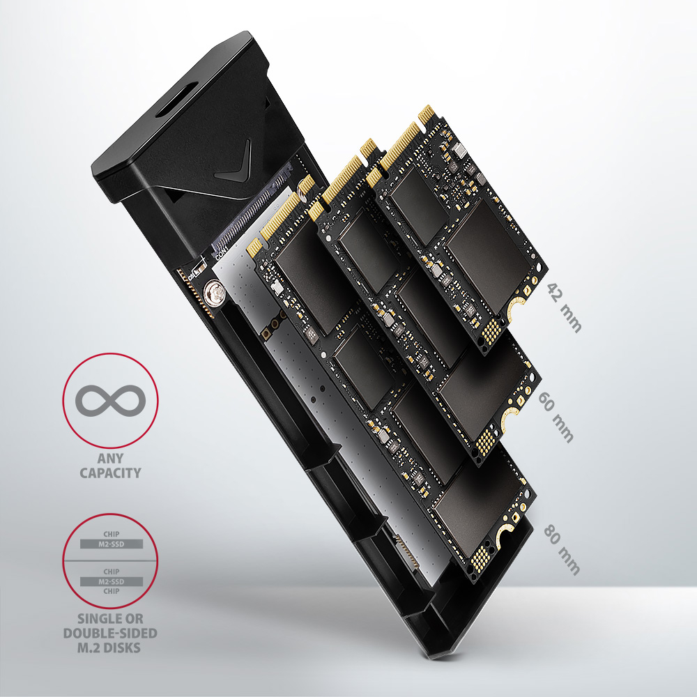 Podporované délky NVMe M.2 SSD disků 42, 60 a 80 mm v boxu AXAGON EEM2-UB2
