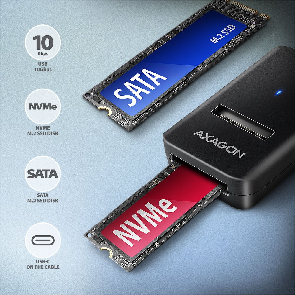 AXAGON ADM2-CM s M.2 NVMe a SATA SSD disky, podpora USB-C 10Gbps
