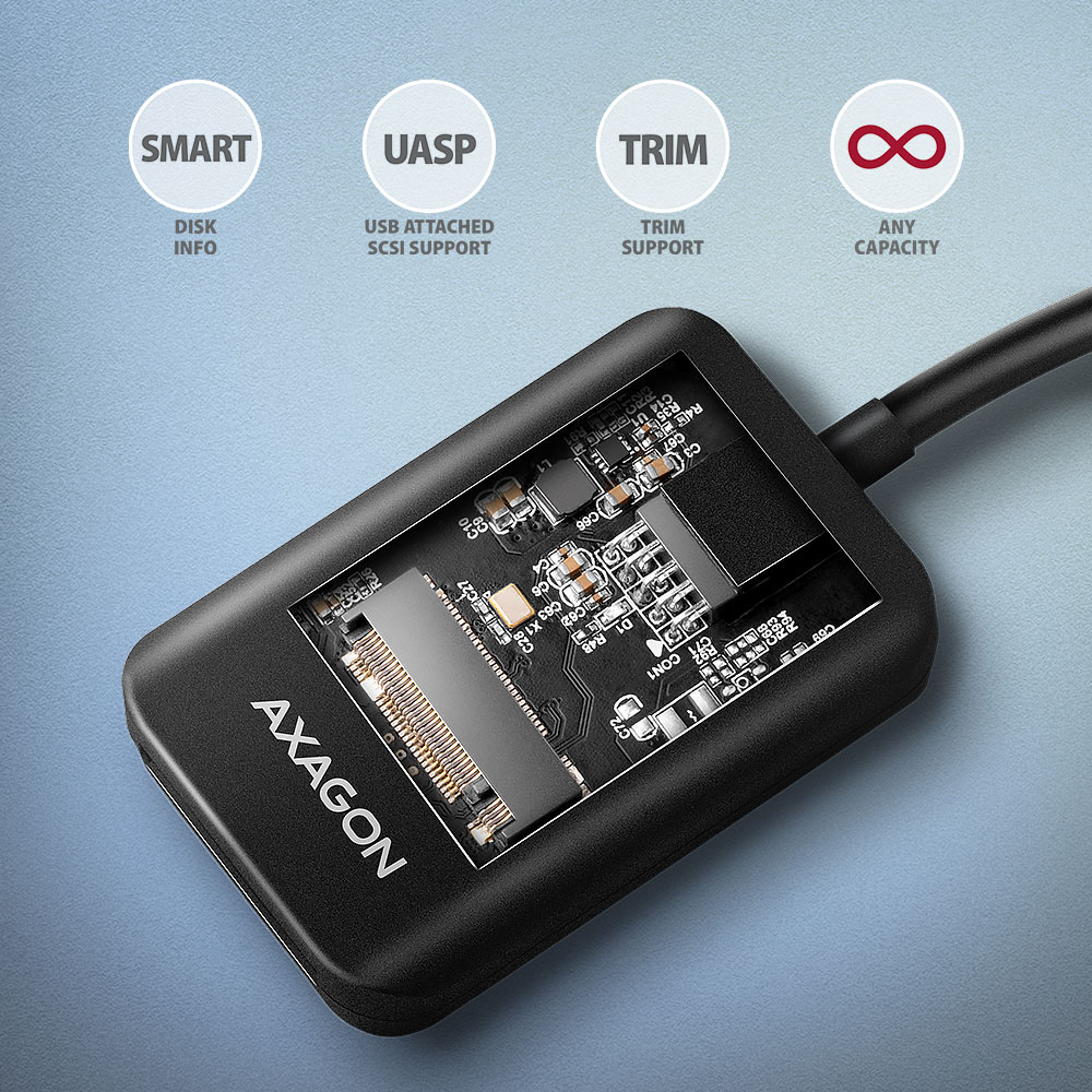 Otevřený adaptér AXAGON ADM2-CM s podporou UASP, TRIM a S.M.A.R.T.