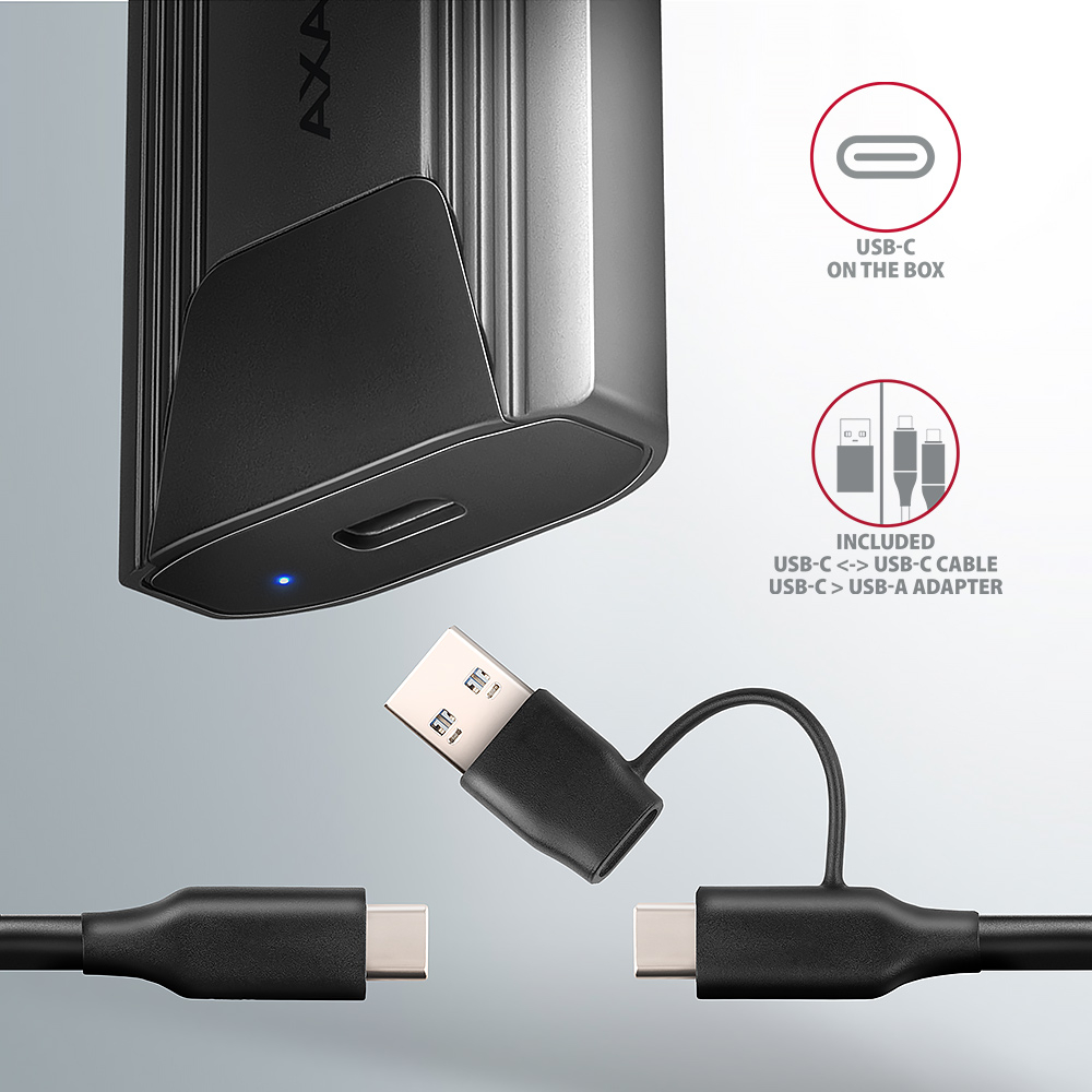 Obsah balení AXAGON EEM2-GTS2 – kabel USB-C a redukce na USB-A