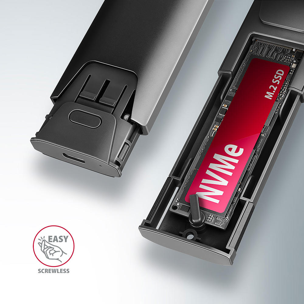 Bezšroubové otevření boxu AXAGON EEM2-GTS2 se vsunutým NVMe SSD diskem