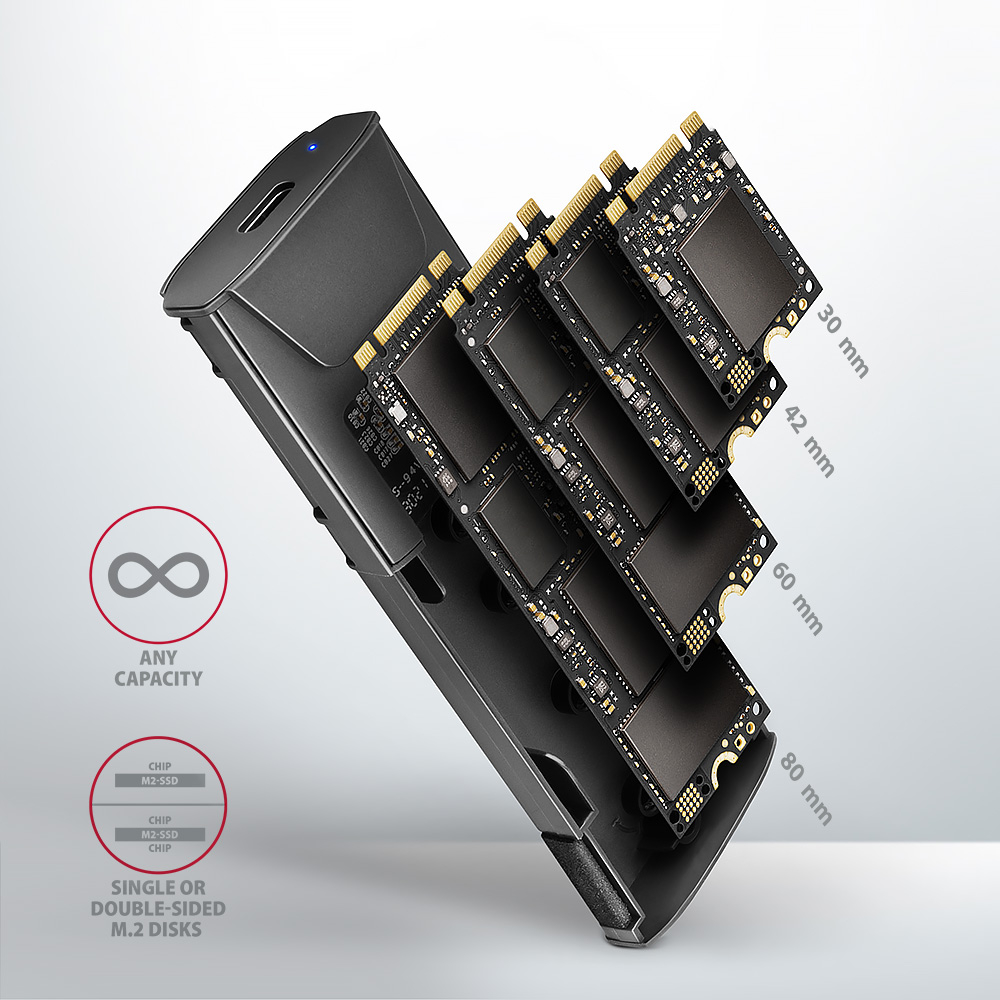 Podporované délky M.2 SSD disků 30, 42, 60 a 80 mm v boxu AXAGON EEM2-GTS2